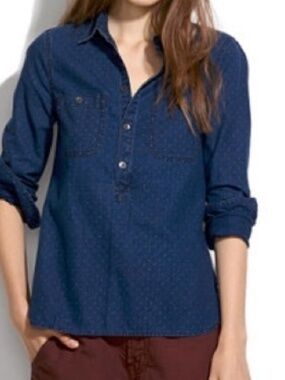 Madewell Denim Chambray Polka Dot Popover Shirt Women’s Medium Blue Button Front